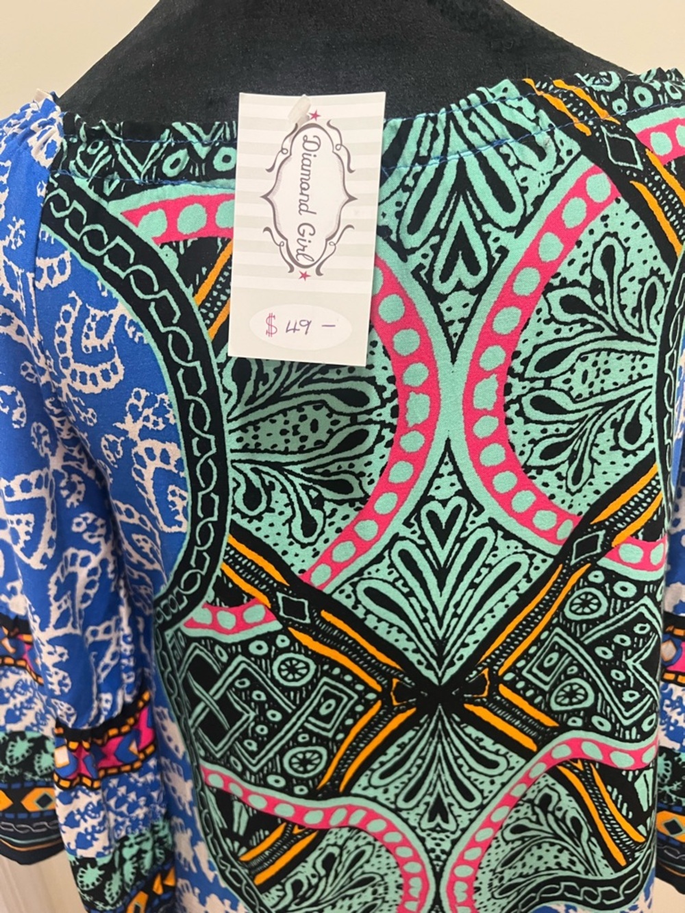 Boho Off Shoulder Shift Dress Small Blue Pink Tribal Print Bell Sleeve Lined - Picture 10 of 15